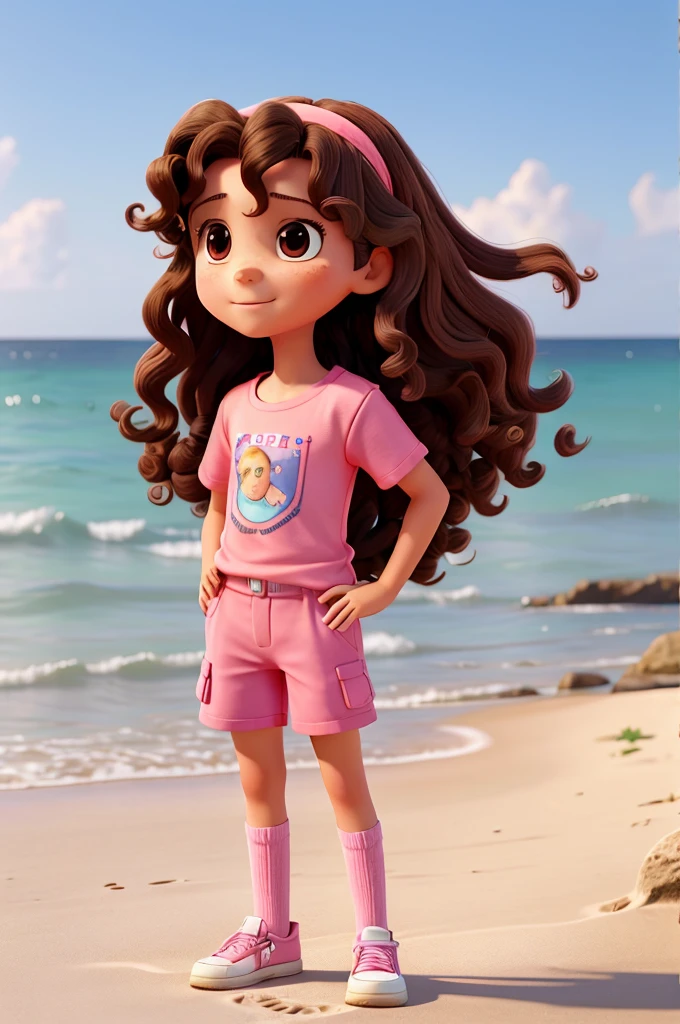 work of art, best qualityer, A -yeld , the American,  long hair with beautiful curls and brown eyes,  wearing pink t-shirt and shorts, standing on the beach