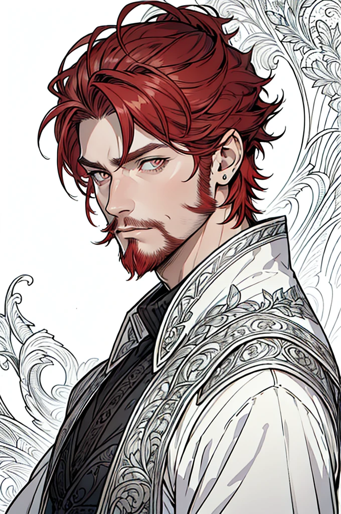 (masterpiece),(Very detailed),(Very detailed),(best quality), lineart, one man, fantasy character with fluffy ears, silver eyes, ((short red hair)), ((portrait)) tall, stunning, fantasy, beautiful face, animated style, perfect face, highest detail, stubble, detailed face, clothes, intricate details, fantasy background, expressionless, solo,
