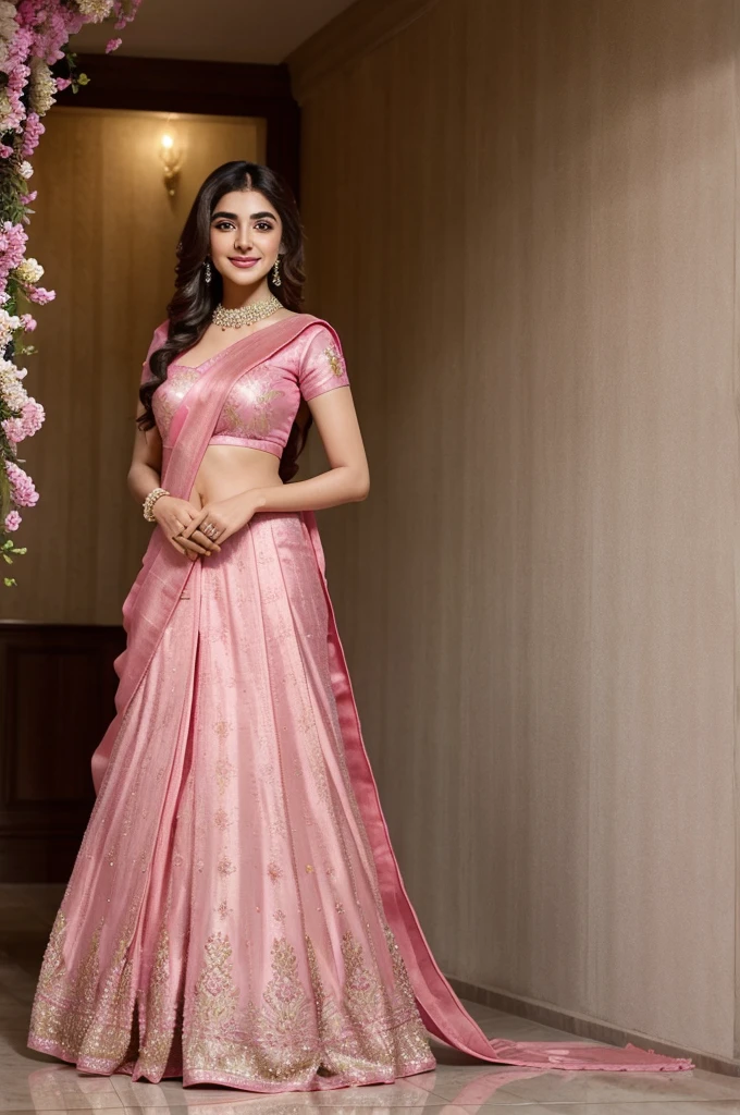a woman in a pink sari smiles while holding her hands out, fanart, doing an elegant pose, dressed in a pink dress, pretty face!!, maya ali, candid picture, wearing a pink ballroom gown, with an elegant smile, wearing pink floral gown, with a cool pose, * colour splash *, side pose, cute woman, satin, traditional beauty