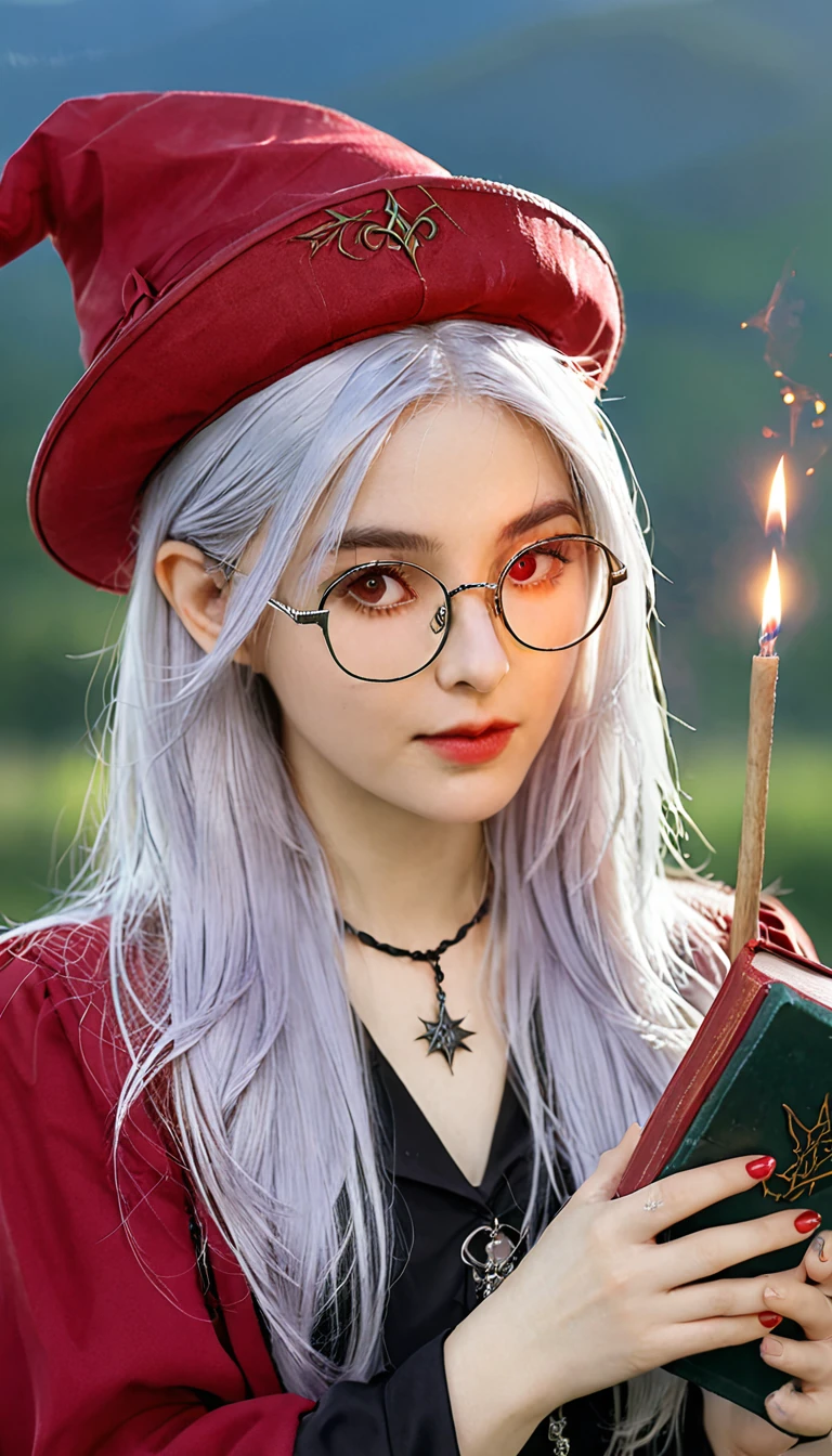 Woman in red hat and glasses holding a book,Silver Hair,She wears Harry Potter glasses, Maya Ali as d&d sorceress, Holding a spell book, Dress up as a witch, d&d magician, Wearing a red wizard hat.
