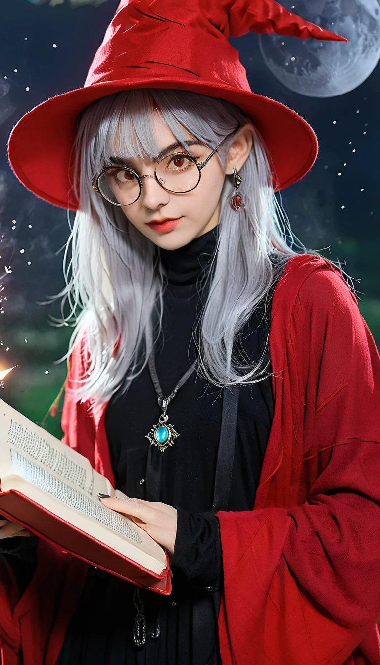 Woman in red hat and glasses holding a book,Silver Hair,She wears Harry Potter glasses, Maya Ali as d&d sorceress, Holding a spell book, Dress up as a witch, d&d magician, Wearing a red wizard hat.