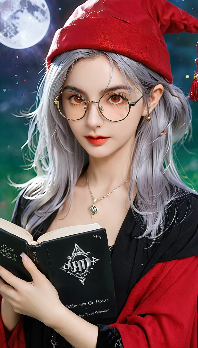 Woman in red hat and glasses holding a book,Silver Hair,She wears Harry Potter glasses, Maya Ali as d&d sorceress, Holding a spell book, Dress up as a witch, d&d magician, Wearing a red wizard hat.