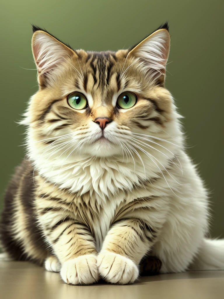 the best quality t，great resolution，ultra realisic，detailliert，beautifull，Dynamic Angle，Dynamic poses，Fluffy and furry cat，Relaxed and languid expression，Big green eyes，Bottle，Pure white background