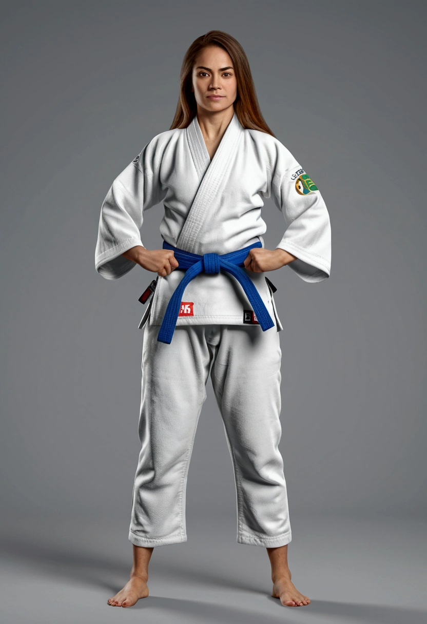adult woman with a kimono of brazilian jiu-jitsu and white belt, with parallel arms, woman in a standing position in full body, soft and friendly face Children's studies, 8k, hyper realistic, detailed.