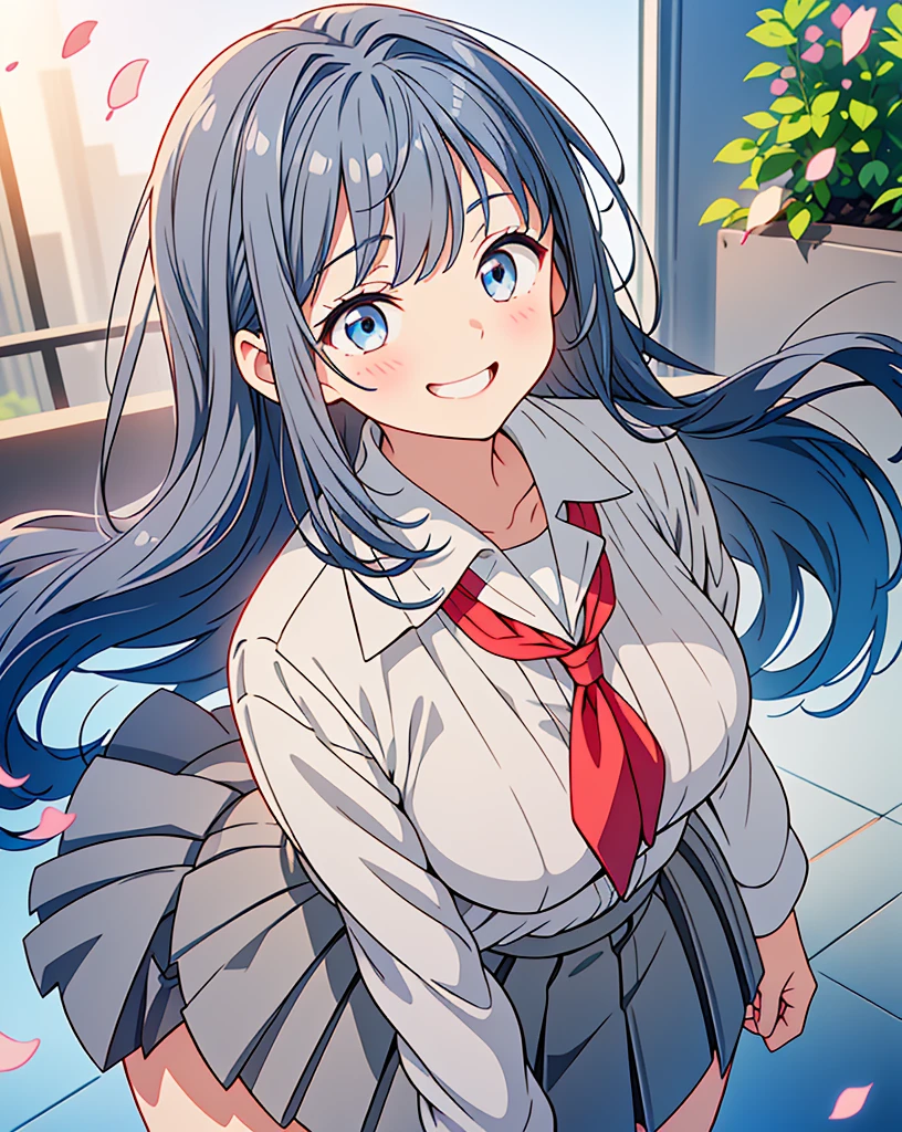 (Highest quality, 32k, High resolution, Masterpiece:1.5, ), One Girl, Cute anime-style illustrations, god々It has a brilliant and healing power., , Expressing emotions, Have a rich imagination, Cute Japanese Girls, Perfect Human Anatomy, Big light blue eyes, Motherhood and generosity, Deep Love, ((A gentle smile:1.6)), Shiny blue hair, Ponytail swaying in the wind, Asymmetrical bangs, Hair between the eyes, Transparent, soft white skin, Sharp eyebrows, Thin lashes, Natural Makeup, Cheek highlighter, Detailed and cute lips, (Grey blazer with red tie:1.2), ((Grey pleated skirt:1.2)), Slim figure with ample breasts, Beautifully detailed skies, ((Vibrant petal effect:1.2)), god秘的