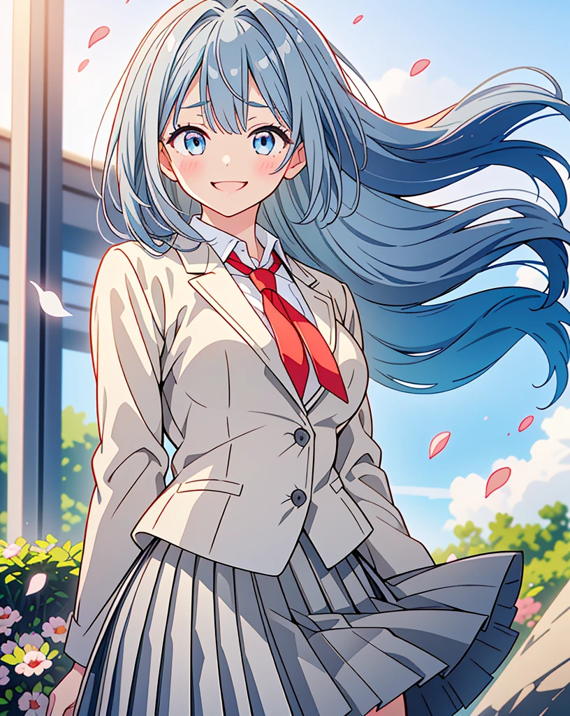 (Highest quality, 32k, High resolution, Masterpiece:1.5, ), One Girl, Cute anime-style illustrations, god々It has a brilliant and healing power., , Expressing emotions, Have a rich imagination, Cute Japanese Girls, Perfect Human Anatomy, Big light blue eyes, Motherhood and generosity, Deep Love, ((A gentle smile:1.6)), Shiny blue hair, Ponytail swaying in the wind, Asymmetrical bangs, Hair between the eyes, Transparent, soft white skin, Sharp eyebrows, Thin lashes, Natural Makeup, Cheek highlighter, Detailed and cute lips, (Grey blazer with red tie:1.2), ((Grey pleated skirt:1.2)), Slim figure with ample breasts, Beautifully detailed skies, ((Vibrant petal effect:1.2)), god秘的