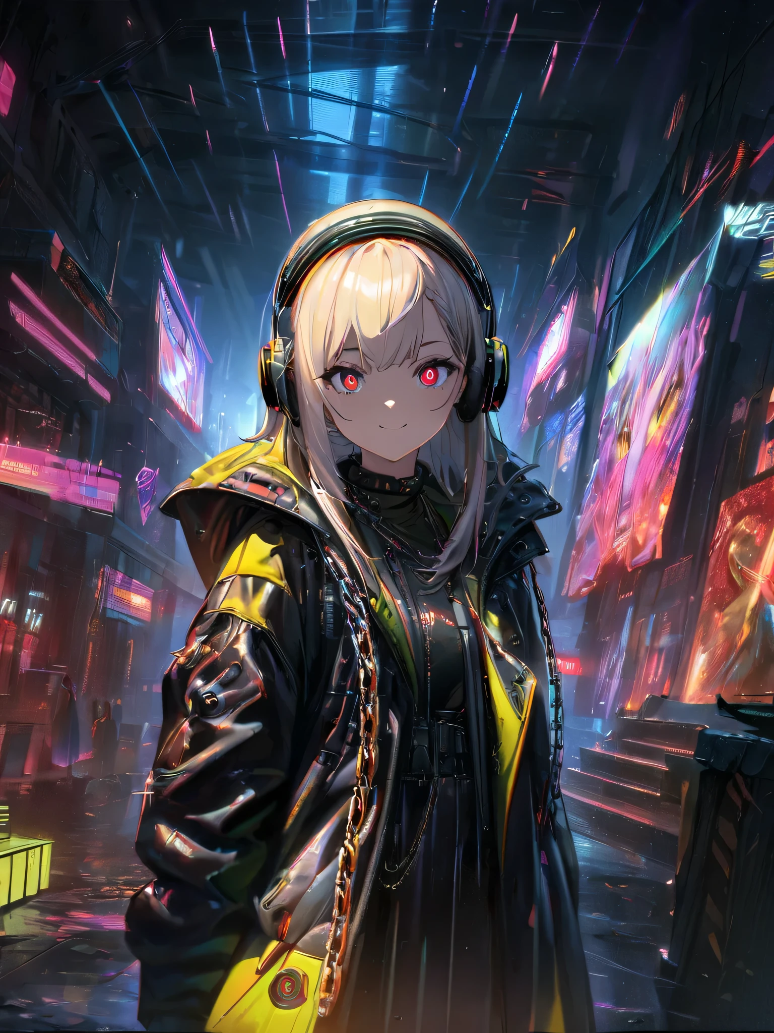 1 girl, chromatic aberration, Written boundary depth, Soft Light, masterpiece, Highest quality, complicated, Tone Mapping, Very detailed, Art Station, Concept Art, Smooth, Clear focus, Dramatic lighting, Very detailed artwork, movie, super practical painting, Art Station's trending, 8k, Incredible Shadows, practical, (Very detailed background:1.0), whole body, View, Viewers, Very detailed portrait of one girl 1, standing on street corner, Heavy rain and lightning、Dark Sky, neon and cyber punk background, she is dressed in punk clothing with silver chains and silver spikes, Her hair was dyed a bright golden color.，The middle part is black, She is wearing headphones, Detailed red eyes with clear pupils, Ominous aura of light, smile, punk, ciber punk, Backlight.There is an atmosphere、No knowledge of horses&#39;tail、Her hair is tied back with a ribbon
