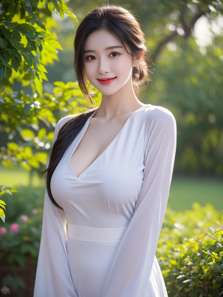 girlcuchoami, 1 Girl, Smile, Aodai blue, Photography Art, flower, A stunning photo，High color saturation, Ultra-high resolution,(Practical:1.4)),Deep Shadows,(best quality, masterpiece), Pale skin, Dark, In the shade, flurry, blush, Very detailed, Skinny, Break the depth of field, Film Grain, Skin wrinkling, Looking at the audience, knee, warm Smile, (Upper Body), masterpiece,ultra Practical,32k,Extremely detailed CG unity 8k wallpaper, best quality，((Full breasts：1.5))Full breasts，（Huge breasts：1.5）Huge breasts，Breast augmentation