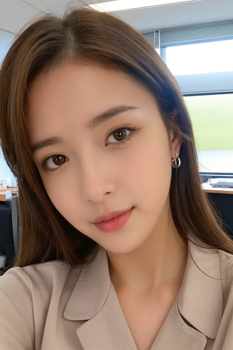 Young pretty woman taking selfie, Taken with old iPhone camera at her office、brown Hair、reality、in real life、photograph、Highest quality、can't tell the difference from reality, a selfie for Instagram profile, Skin that is not too perfect, ultra super realistic, 2 million pixels, not too perfect, Not an AI-generated image, fine quality, 32K, highest quality, grey eyes, natural image, 8K, raw image, shadow is natural, shadow is realistic, at home, There's a shadow on her face, She works at an office.