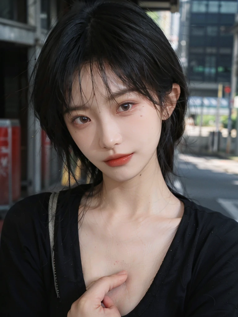 (Skin details:1.4), (smooth skin textures:1.3), （Upper body：1.4），（Upper Body：1.3）Lipstick, background, earrings, serene, calm, (Realistic and detailed eyes：1.2）, Natural skin texture, Realistic facial details, Soft dramatic lighting, Vivid details, 35 mm film, outdoor, (Photo Practical:1.4), (hyper Practical:1.4), (Practical:1.3), (Smoother lighting:1.05), (Improve lighting quality:0.9), (Highest quality real skin textures:1.4), Exquisite eyes, Delicate face, Close-up of face, (Enhance the beauty of skin texture:1.1), Hair details,（Large Breasts：1.3）normal body ratio, short hair, Moles under the eyes, A faint smile,Portrait Photography, Depth of Field, Bokeh, Surrealism, Ray Tracing, (Portrait Photography:1.1), Surrealism, High Detail, Chiaroscuro, Ray Tracing, reflected light, Ultra HD, Ultra HD, masterpiece, Textured Skin, Super Detail, High Detail, high quality, best quality