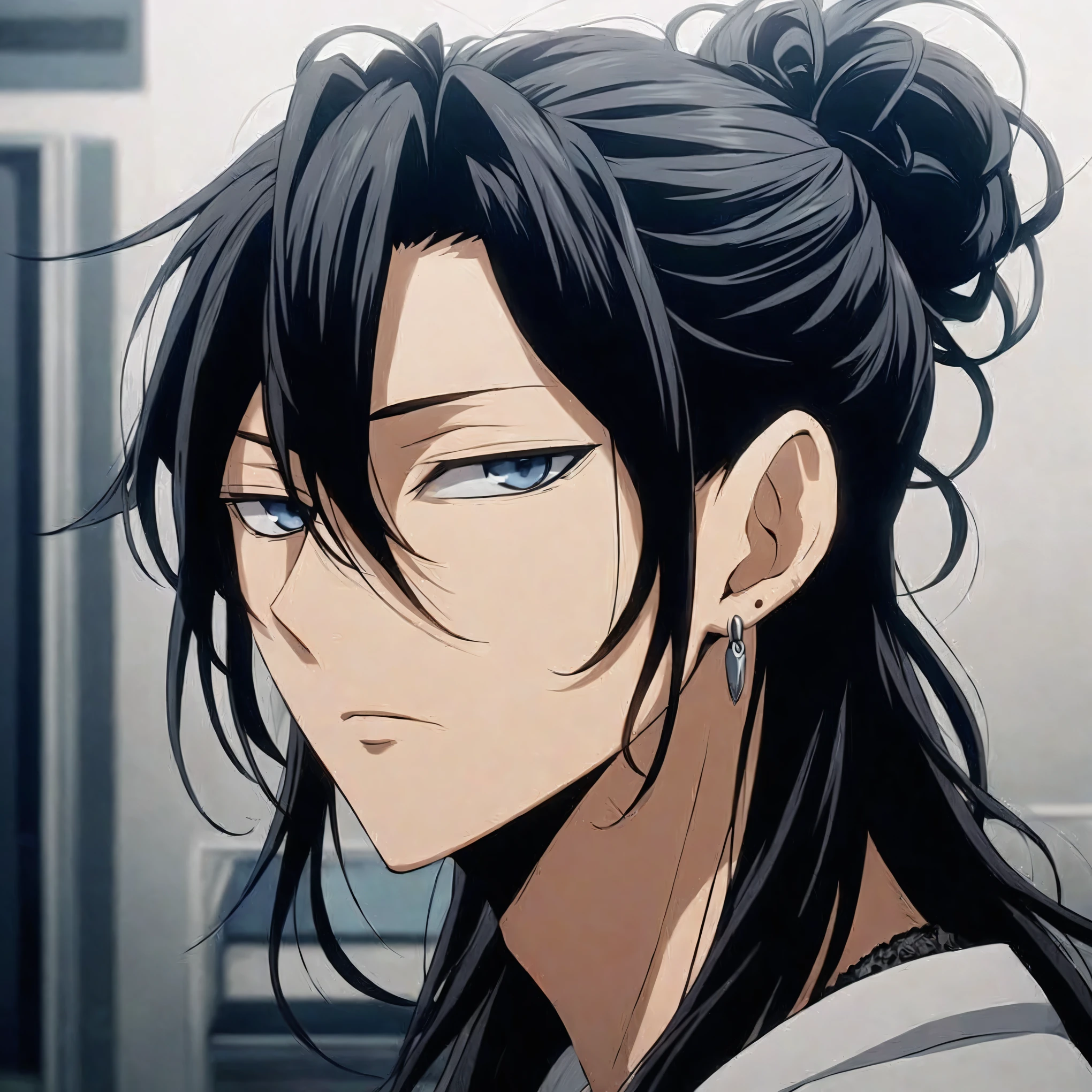 アニメ, a man with long black hair and blue eyes looks at the camera, inspired by Okumura Masanobu, Homem bonito de アニメ, tsurumaki kazuya, Sui Ishida com cabelo preto, with her long black hair, kentaro miura style, personagem de アニメ masculino, Mai Yoneyama, handsome guy in demon slayer art