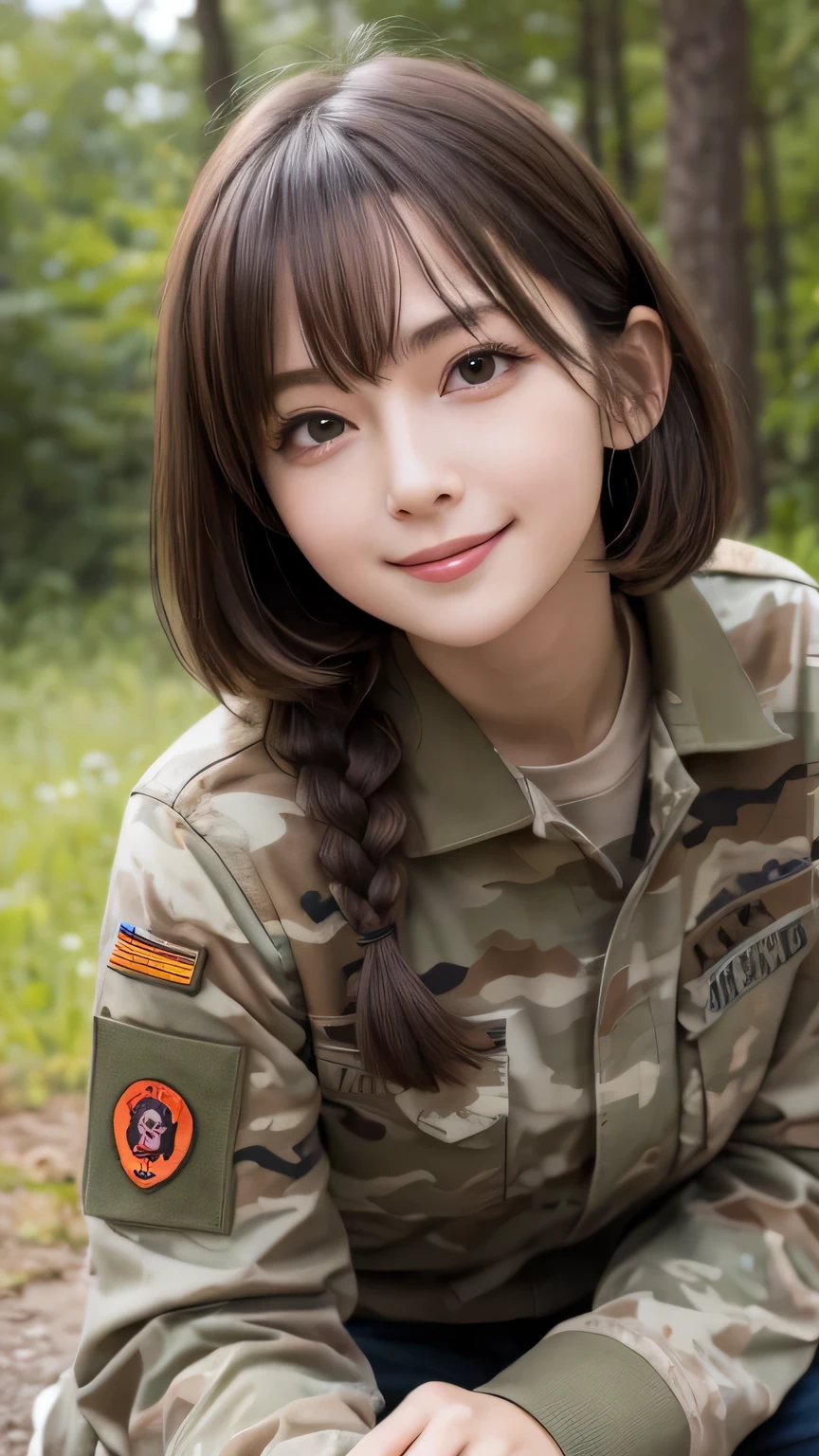 Best picture quality (8k, high resolution, Masterpiece: 1.2), super detailed,  215 Short Hair,Three braids long hair, 26-year-old woman, 

situation: A cute girl sniper is in a shooting position。
detailed:
angle: A shot of a man lying on the ground and looking through a scope from above。Concentrated eyes are emphasized。
clothing: Military-style camouflage clothing、cap、sniper rifle。
atmosphere: In the quiet forest full of tension、The sniper&#39;s concentration and sense of urgency are in the air.。


,Active Pause ,
Beside her、The thunder danced。
Focus on the waist above


, random cute pose ,big eyes ,Puffy eyes ,  Heart Pupil, blush  , huge shy smile , salute

