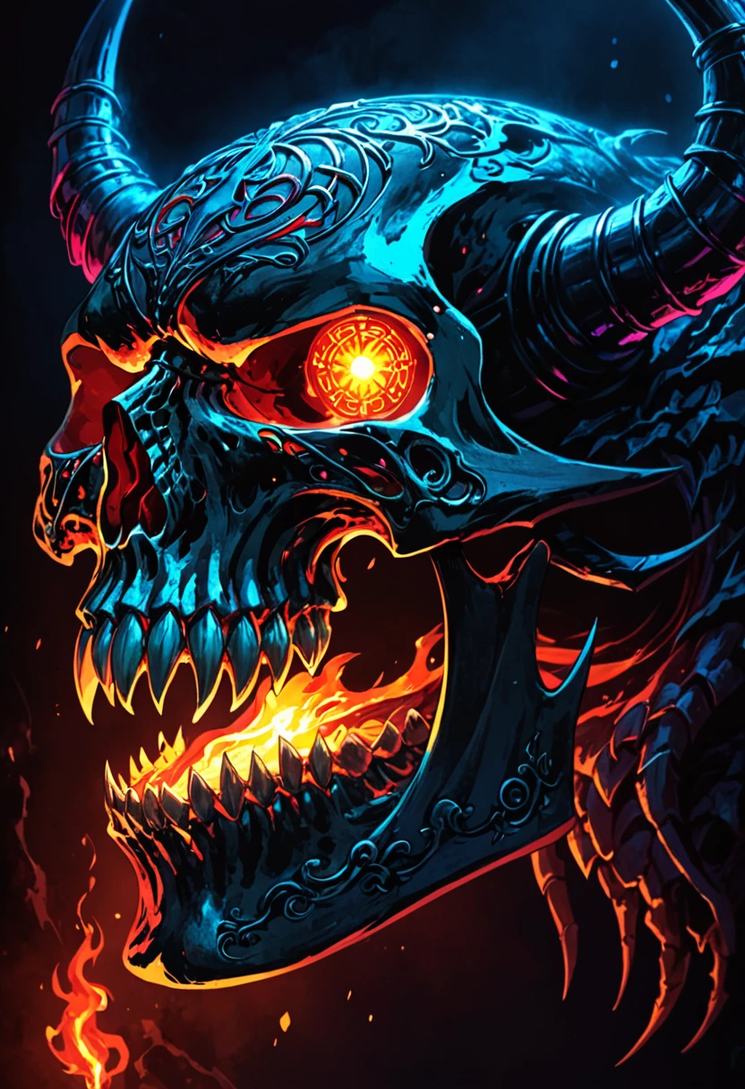 With violet glow horns、Close-up of a white skull, Dragon Portrait, by Rostland, Benedict Barna, Morel,(((Multi-metal ring ornamentiracle,Dark atmosphere,red fire,((neon glow light)),((Blue arc))