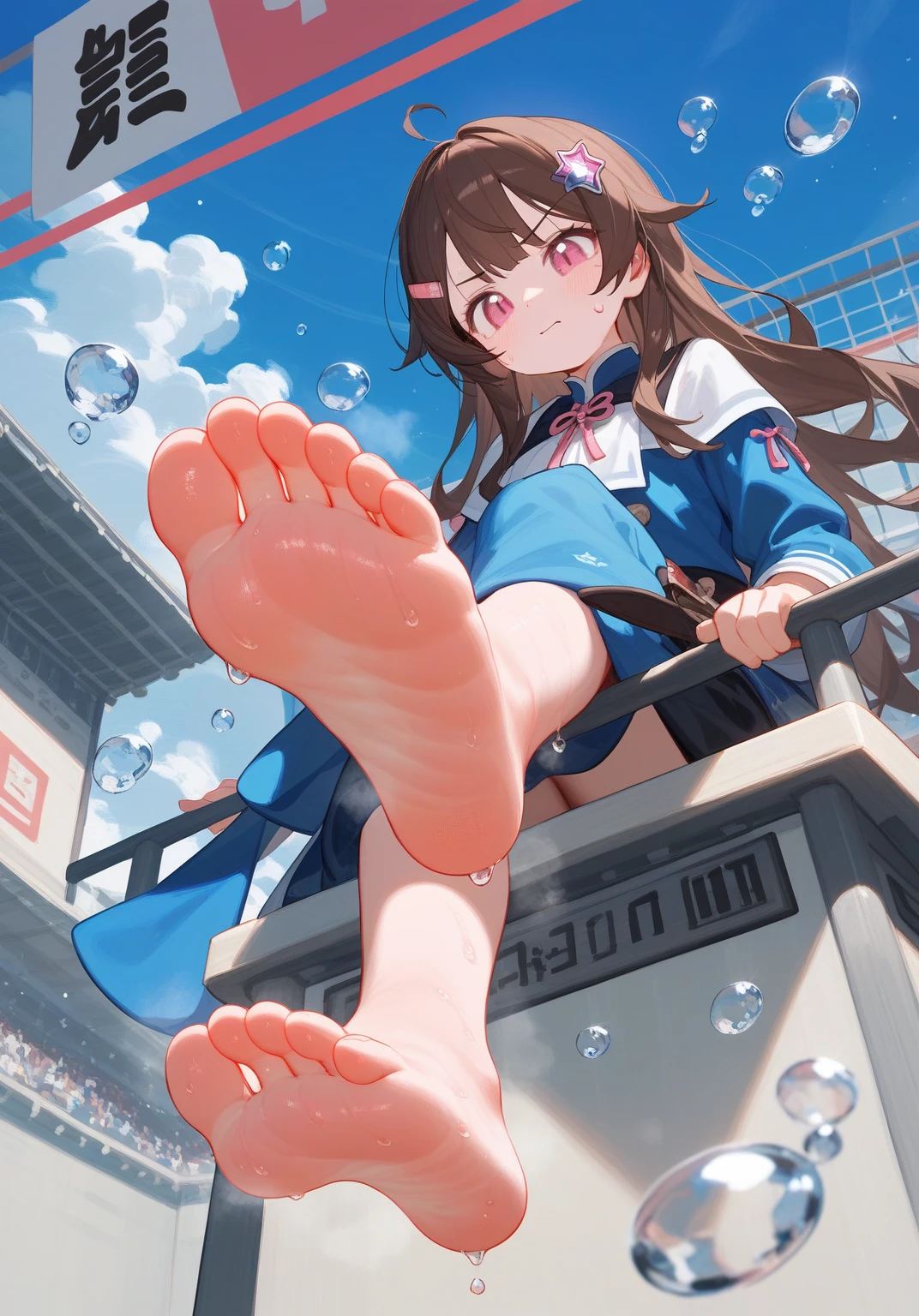 wallpaper,The background is in the room,Brown hair, Long hair,best quality, Very detailed, masterpiece, Extremely detailed, illustration, Sky,Foot Focus, giggle, barefoot,Stinky feet,Steam around feet,脚底Sweating很多,There are a lot of water drops on the soles of feet,Water dripping from the soles of feet,Sweating all over,Sweating,Pink Eyes,There is a cute five-pointed star hairpin in the hair,Stamp your feet,Standing,The soles of the feet face the audience,Put your feet towards the audience,