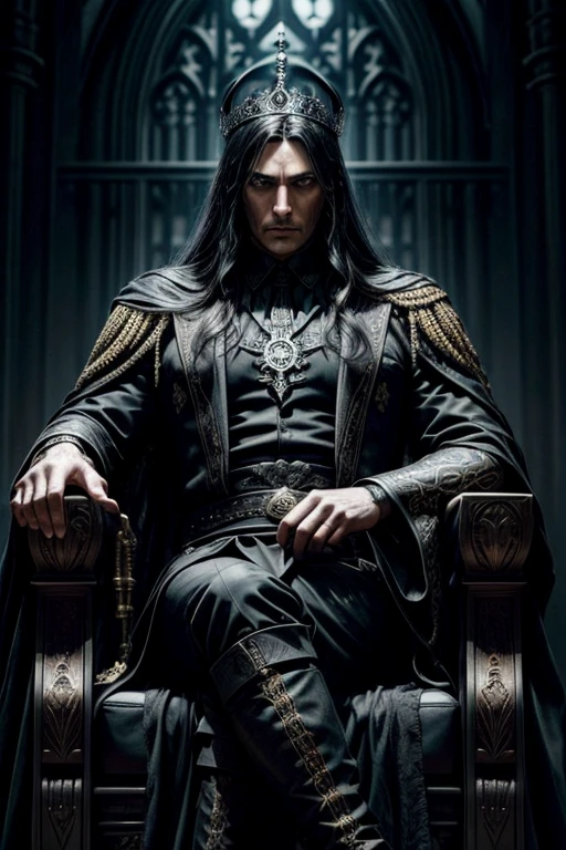 Young Man, solo male, masterpiece, portrait, sitting at a throne, and has a serious glare, fixed light composition, with beautiful details, death god, handsome, underworld background, throne of bones, Desmond and souls in the background, dark hair, green eyes