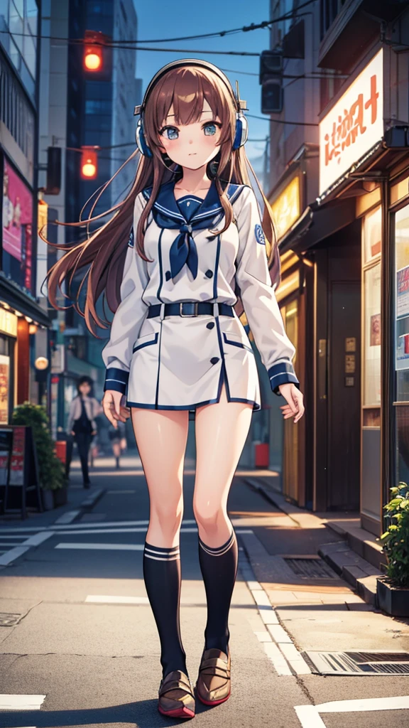 Anime Girls with headphones walking down the street in a , Beautiful mature high school girl, uniform、Beautiful girl anime visuals, Kantai Collection Style,Manga illustration, Anime Girls, Illustrated , Hand-drawn anime illustrations, young Anime Girls, Shibuya Ward Building District、Blurred Background、City Pop、whole body、Cowboy Shot、Nostalgia、manga cover、Make the subject larger