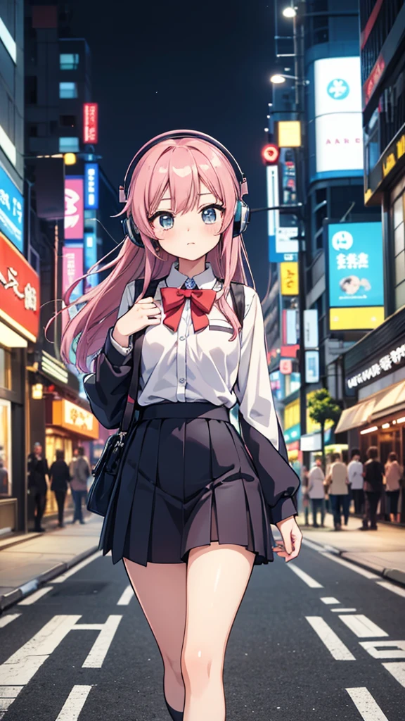 Anime Girls with headphones walking down the street in a , Beautiful mature high school girl, uniform、Beautiful girl anime visuals, Kantai Collection Style,Manga illustration, Anime Girls, Illustrated , Hand-drawn anime illustrations, young Anime Girls, Shibuya Ward Building District、Blurred Background、City Pop、whole body、Cowboy Shot、Nostalgia、manga cover、Make the subject larger