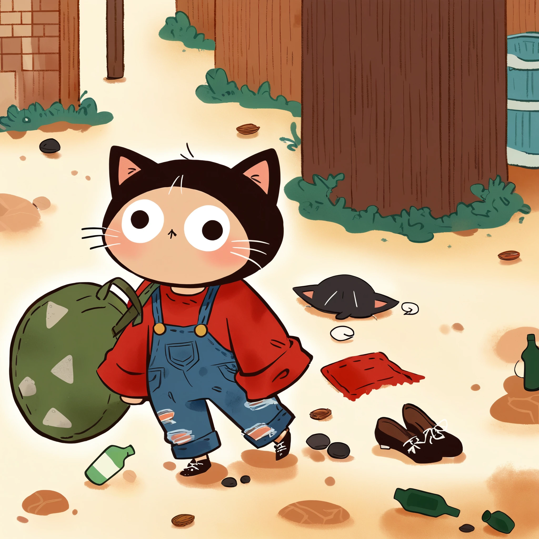 A very pitiful anthropomorphic kitten，Wearing a worn red linen shirt and denim overalls, Shabby cloth shoes, Carrying an oversized bag, Higher than oneself.，There are trash and bottles everywhere on the ground. Images should be presented in a vector illustration style, Keep the original concept，But to make it clearer, A more stylized form，Emphasizes the contrast between the innocence of the characters and the harshness of the urban environment.