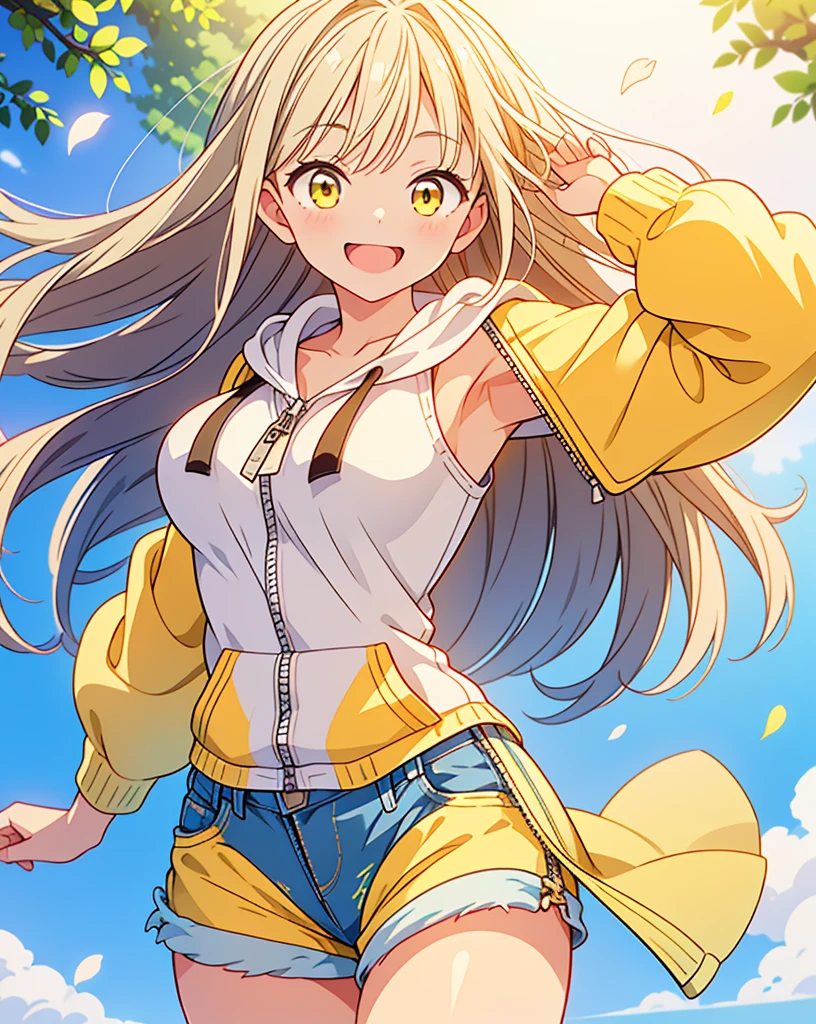 (Highest quality, 32k, High resolution, Masterpiece:1.5, ), god々A girl with a dazzling and healing power, , Expressing emotions, Have a rich imagination, Cute Japanese Girls, Perfect Human ???????, Magical big eyes, Motherhood and generosity, Deep Love, ((A mischievous smile:1.6)), Shiny Blonde, Super long straight silk hair swaying in the wind, Asymmetrical bangs, Hair between the eyes, Transparent, soft white skin, Sharp eyebrows, Thin lashes, Natural Makeup, Cheek highlighter, Detailed and cute lips, (Yellow zip-up hoodie with a white tank top:1.2), ((Denim shorts:1.2)), Slim figure with ample breasts, Beautifully detailed skies, ((Vibrant petal effect:1.2)), god秘的