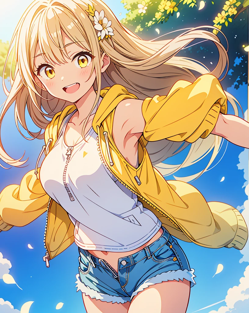 (Highest quality, 32k, High resolution, Masterpiece:1.5, ), god々A girl with a dazzling and healing power, , Expressing emotions, Have a rich imagination, Cute Japanese Girls, Perfect Human Anatomy, Magical big eyes, Motherhood and generosity, Deep Love, ((A mischievous smile:1.6)), Shiny Blonde, Super long straight silk hair swaying in the wind, Asymmetrical bangs, Hair between the eyes, Transparent, soft white skin, Sharp eyebrows, Thin lashes, Natural Makeup, Cheek highlighter, Detailed and cute lips, (Yellow zip-up hoodie with a white tank top:1.2), ((Denim shorts:1.2)), Slim figure with ample breasts, Beautifully detailed skies, ((Vibrant petal effect:1.2)), god秘的