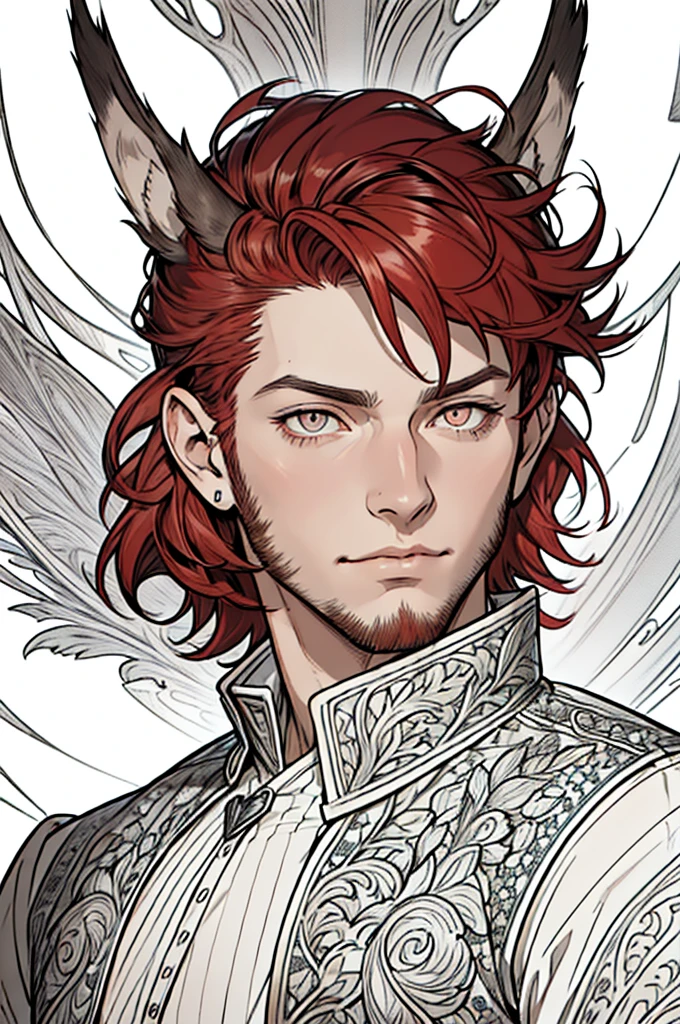(masterpiece),(Very detailed),(Very detailed),(best quality), lineart, one man, fantasy character with fluffy furry ears, silver eyes, ((short red hair)), ((portrait)) tall, stunning, fantasy, beautiful face, animated style, perfect face, highest detail, stubble, detailed face, clothes, intricate details, fantasy background, expressionless, solo,