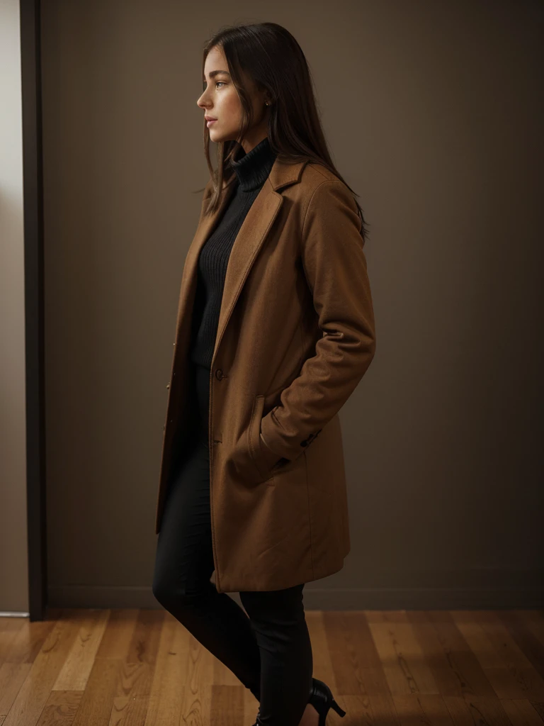 girl in profile in a brown long coat, black leggings and black heels,feet together, hands in pockets, profile photo