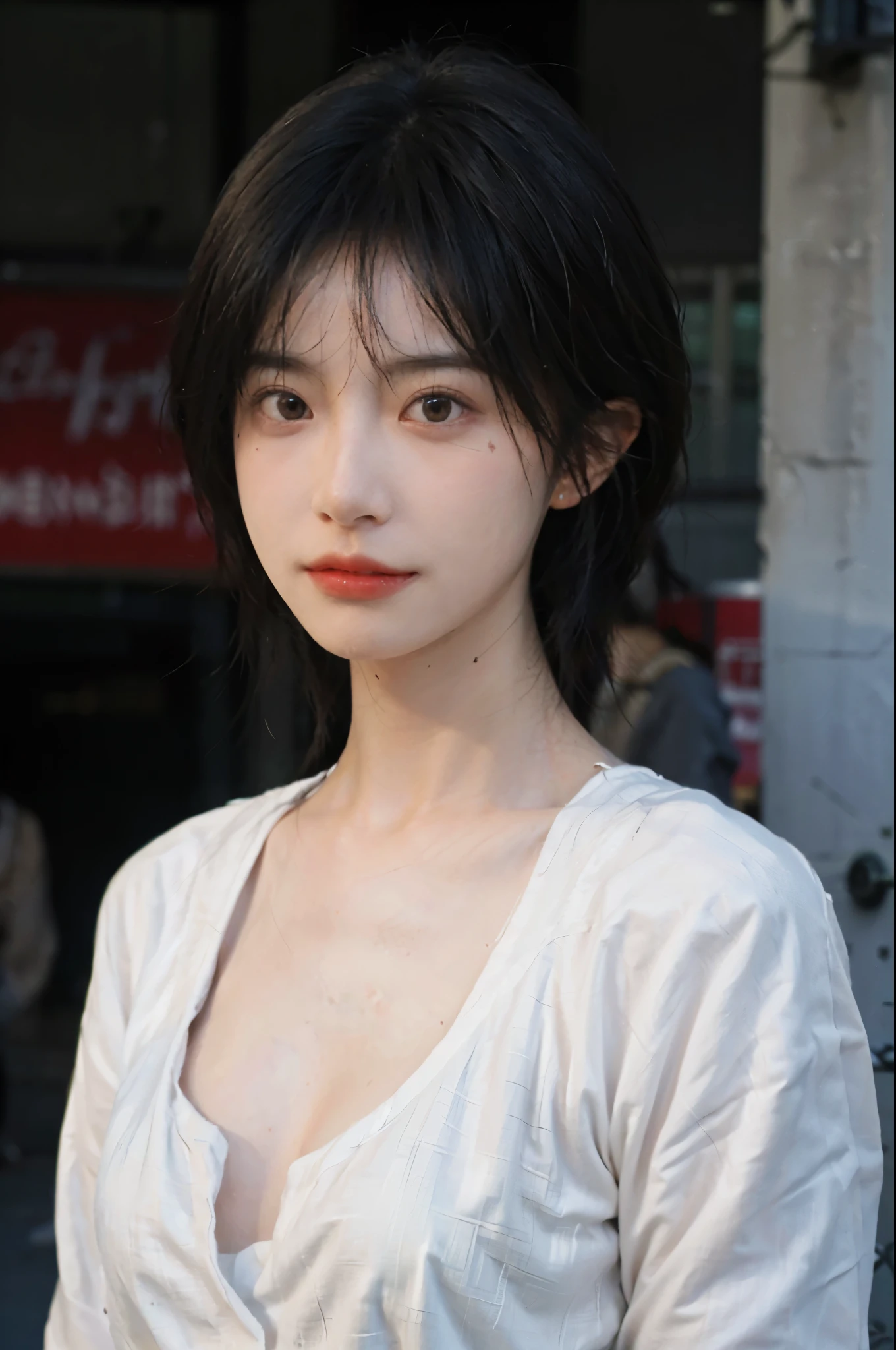 1 girl,Model,Upper Body,short hair,A faint smile,serene, calm,Moles under the eyes,Exquisite eyes, Delicate face,Lipstick,earrings,Hair details, skirt,(Dress conservatively:1.3)(Large Breasts:1.2),outdoor,background,城市background,(Skin details:1.4),(Realistic and detailed eyes:1.2), Natural skin texture, Realistic facial details,Close-up of face,Portrait Photography,(Portrait Photography:1.1), (smooth skin textures:1.3), (Highest quality real skin textures:1.4), Direct vision,Soft dramatic lighting, Vivid details, 35 mm film, (Photo Practical:1.4), (hyper Practical:1.4), (Practical:1.3), (Smoother lighting:1.05), (Improve lighting quality:0.9), (Enhance the beauty of skin texture:1.1), Depth of Field, Bokeh, Surrealism, Ray Tracing, ( Surrealism, High Detail, Chiaroscuro, Ray Tracing, reflected light, Ultra HD, Ultra HD, masterpiece, Textured Skin, Super Detail, High Detail, high quality, best quality