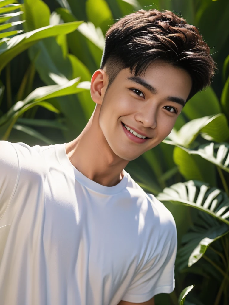 man , Raise your arms behind your back. , white t-shirt, black short hair  , outdoor , cute smile , หน้าhandsomeแบบเกาหลีสมจริง , modest muscles , Masterpiece、High resolution、Surreal、detailed face、alone、man、Glowing skin、(Asia)、handsome、Detailed background