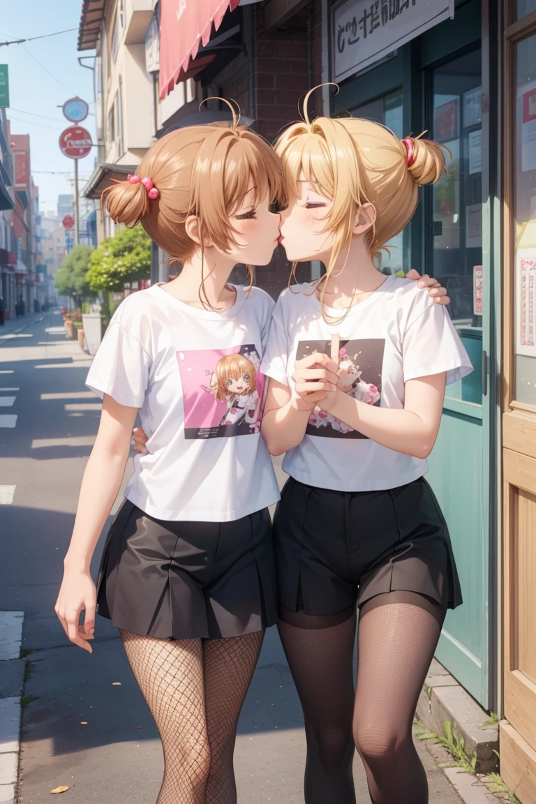 masterpiece, Highest quality, High resolution, (Two Girls), (Multiple Girls), Detailed face, blush, Anime CG style, (Medium chest), (18-year-old girl:1.3), (Old age), Good lighting, Perfect body, Sakura Kinomoto, Glossy Lips, City Street, Thin T-shirt, (Fishnet tights), (Curvy), Facing each other, kiss), close your eyes