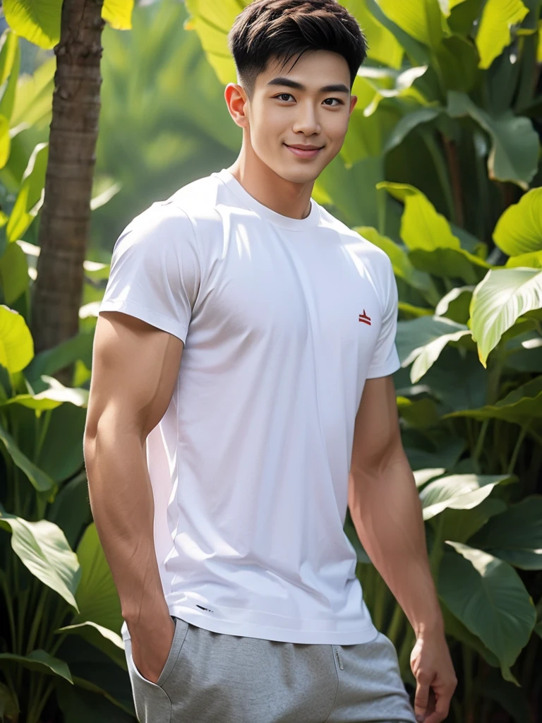 man , white t-shirt, black short hair , outdoor , cute smile , หน้าhandsomeแบบเกาหลีสมจริง , modest muscles , Masterpiece、High resolution、Surreal、detailed face、alone、man、Glowing skin、(Asia)、handsome、Detailed background