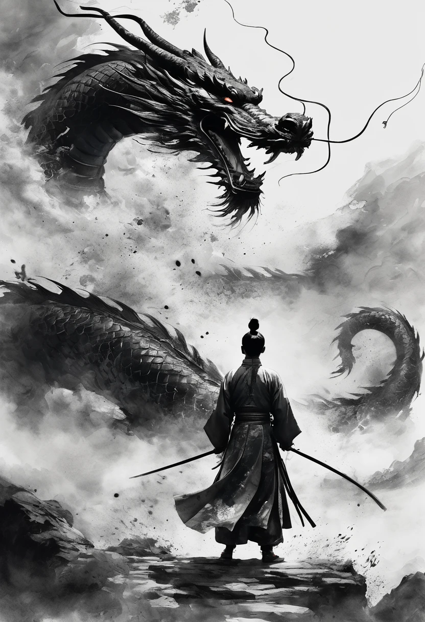 Epic Song Ink Shot，Chinese warrior in Hanfu fights a dragon，POV perspective，the first person，Traditional Chinese ink painting style，Exaggerated perspective，breathtaking moment，8K，Simple style，Style Wu Guanzhong
