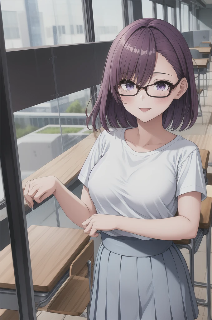 1girl, cowboy shot, classroom, smile, glasses, 
nitengojigen_ririsa, purple eyes, purple hair, short hair, bangs, , short sleeves, white shirt, pleated skirt, best quality, masterpiece, highres, 