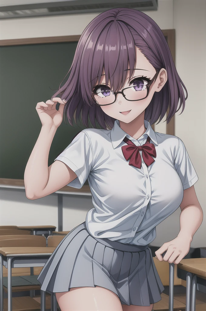 1girl, cowboy shot, classroom, smile, glasses, 
nitengojigen_ririsa, purple eyes, purple hair, short hair, bangs, , short sleeves, white shirt, pleated skirt, best quality, masterpiece, highres, 