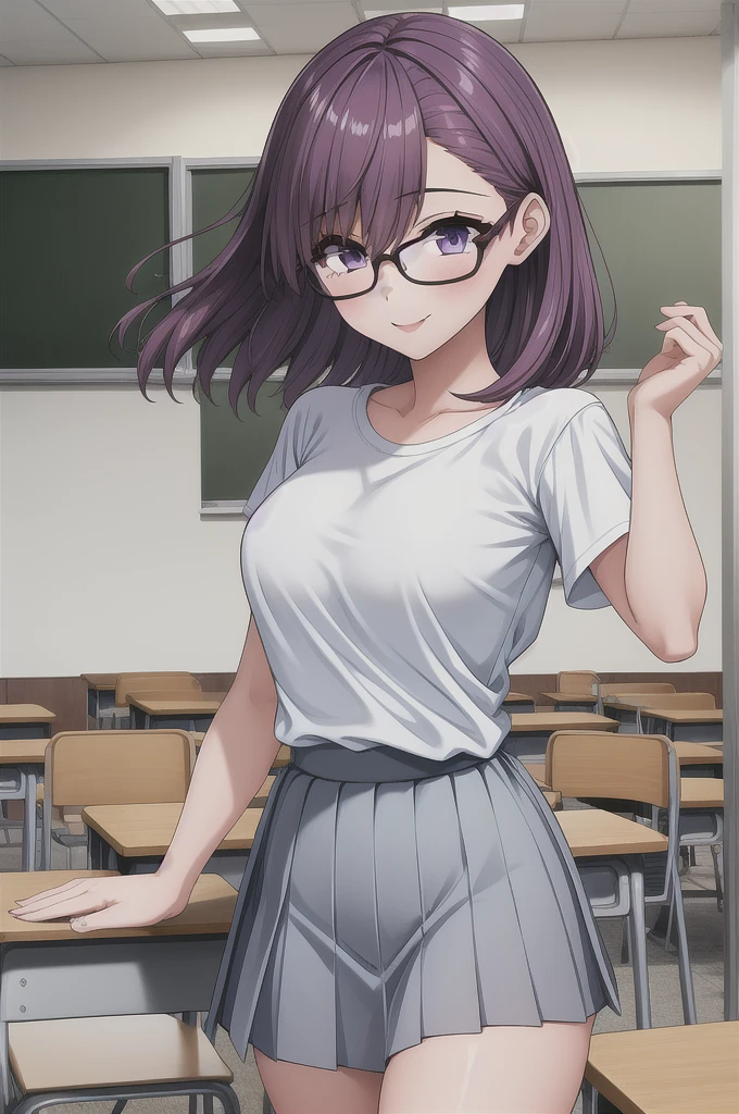 1girl, cowboy shot, classroom, smile, glasses, 
nitengojigen_ririsa, purple eyes, purple hair, short hair, bangs, , short sleeves, white shirt, pleated skirt, best quality, masterpiece, highres, 