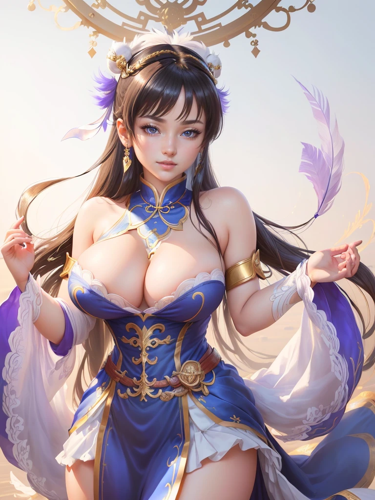 anime girl in a silver dress with a feather on her head, yun ling, portrait of chun li, portrait of chun - li, inspired by Li Mei-shu, chun li, full body xianxia, highly detailed exquisite fanart, inspired by Pu Hua, inspired by Ju Lian, yang qi, lei min, Highly detailed CG unit 8k wallpaper, masterpiece, High resolution, highest quality, highest quality real texture skin, Super Real, Digital Painting, Best image quality, 最High resolution, 8k, ((Highly detailed eyes and face, Beautiful eyes every detail)), 1girl, Full Body Shot, Saggy breasts, Gravity-dependent breasts, long chest, Heavy chest, disproportionate breasts, huge breasts, sagging breasts, gigantic breasts, erect nipple, smile, happy, fun,