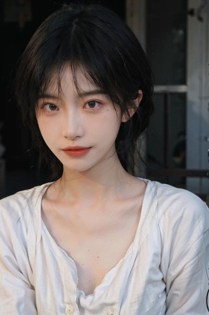 1 girl,Model,Upper Body,short hair,A faint smile,serene, calm,Moles under the eyes,Exquisite eyes, Delicate face,Lipstick,earrings,Hair details, skirt,(Dress conservatively:1.3)(Large Breasts:1.2),outdoor,background,城市background,(Skin details:1.4),(Realistic and detailed eyes:1.2), Natural skin texture, Realistic facial details,Close-up of face,Portrait Photography,(Portrait Photography:1.1), (smooth skin textures:1.3), (Highest quality real skin textures:1.4), Direct vision,Soft dramatic lighting, Vivid details, 35 mm film, (Photo Practical:1.4), (hyper Practical:1.4), (Practical:1.3), (Smoother lighting:1.05), (Improve lighting quality:0.9), (Enhance the beauty of skin texture:1.1), Depth of Field, Bokeh, Surrealism, Ray Tracing, ( Surrealism, High Detail, Chiaroscuro, Ray Tracing, reflected light, Ultra HD, Ultra HD, masterpiece, Textured Skin, Super Detail, High Detail, high quality, best quality