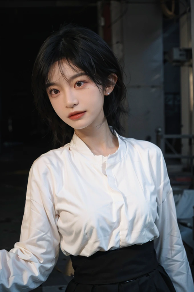 1 girl,Model,Upper Body,short hair,A faint smile,serene, calm,Moles under the eyes,Exquisite eyes, Delicate face,Lipstick,earrings,Hair details, skirt,(Dress conservatively:1.3)(Large Breasts:1.2),outdoor,background,城市background,(Skin details:1.4),(Realistic and detailed eyes:1.2), Natural skin texture, Realistic facial details,Close-up of face,Portrait Photography,(Portrait Photography:1.1), (smooth skin textures:1.3), (Highest quality real skin textures:1.4), Direct vision,Soft dramatic lighting, Vivid details, 35 mm film, (Photo Practical:1.4), (hyper Practical:1.4), (Practical:1.3), (Smoother lighting:1.05), (Improve lighting quality:0.9), (Enhance the beauty of skin texture:1.1), Depth of Field, Bokeh, Surrealism, Ray Tracing, ( Surrealism, High Detail, Chiaroscuro, Ray Tracing, reflected light, Ultra HD, Ultra HD, masterpiece, Textured Skin, Super Detail, High Detail, high quality, best quality