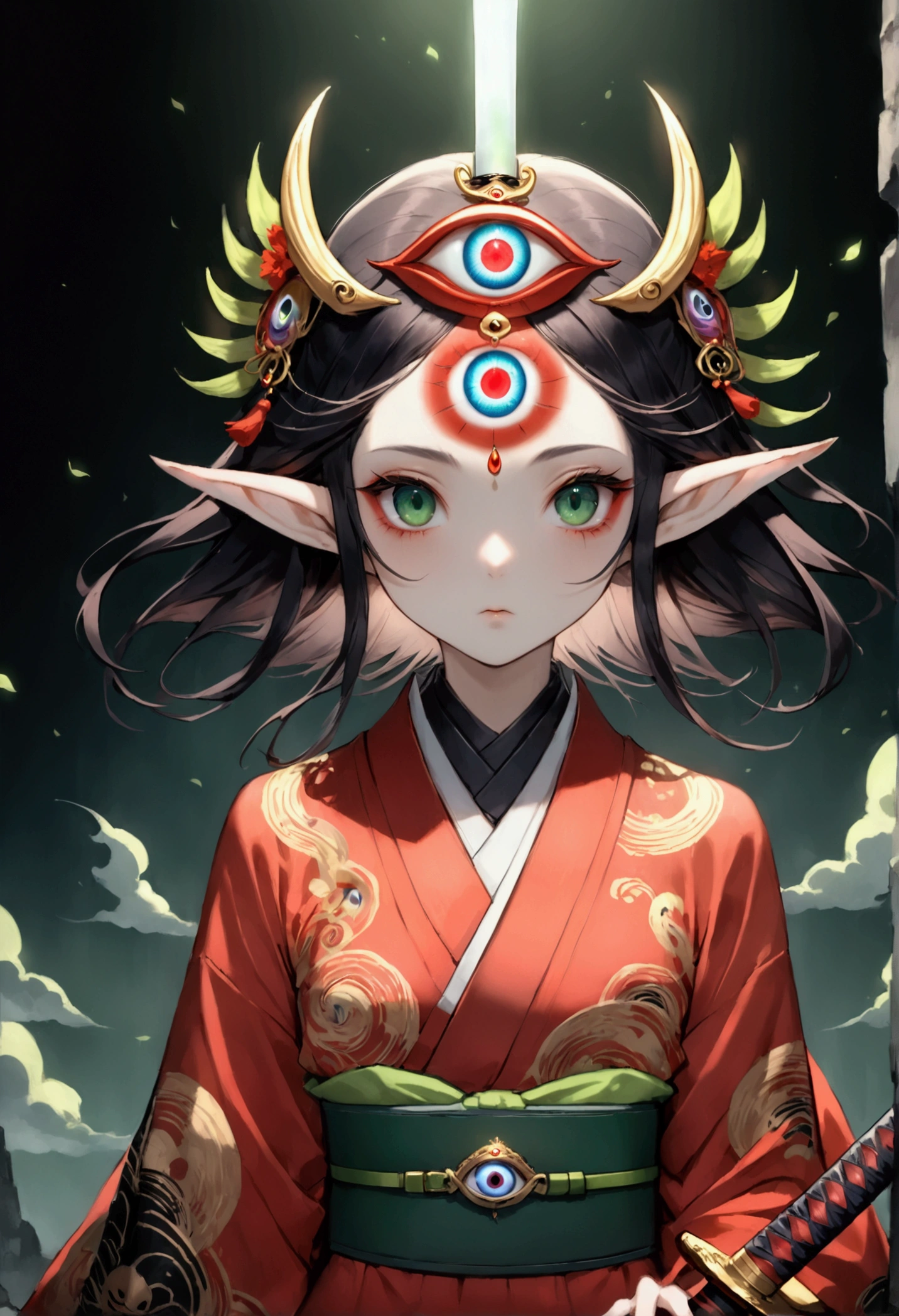 Japanese Anime,Second Dimension,Horror style,horror character,(((third eye on the forehead:1.1.,Elf ears))),(((Gorgeous Japanese red kimono,Eye pattern,Dark Pattern))).(((Thin waist,Green belt:1.6))).(((Samurai sword))),Black background blur