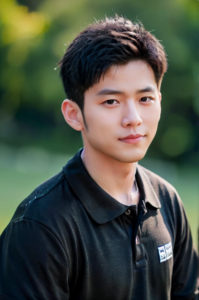 ((Highest quality, 8k, Masterpiece: 1.3))、Thailand Laos Burma Asia, Thai man, A handsome Asian rugby player with short hair, a muscular beard, and big muscles., 1A man who has、20 yo、Good appearance、Beautiful nose、smile、 Detailed eyes and face、beautiful light、(studio)、high resolution、(Look at the viewer.)、Fine mouth、smile、whole body: 1.5, perfect shape: 1.3, looking at camera ,black polo shirt, ((field)), sunlight looking at the field