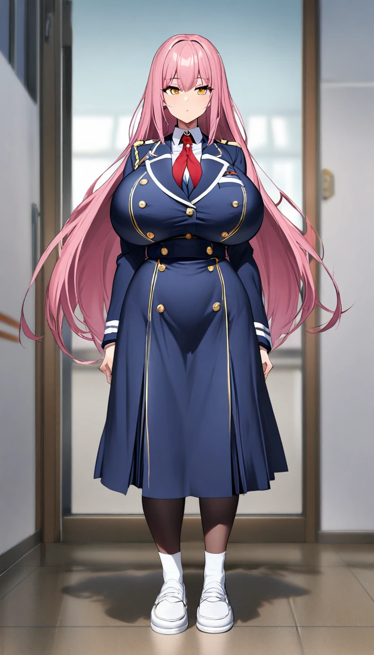1girl,school, super huge breasts, standing up, pink hair, golden eyes, staring coldly, long hair, uniform, fullbody