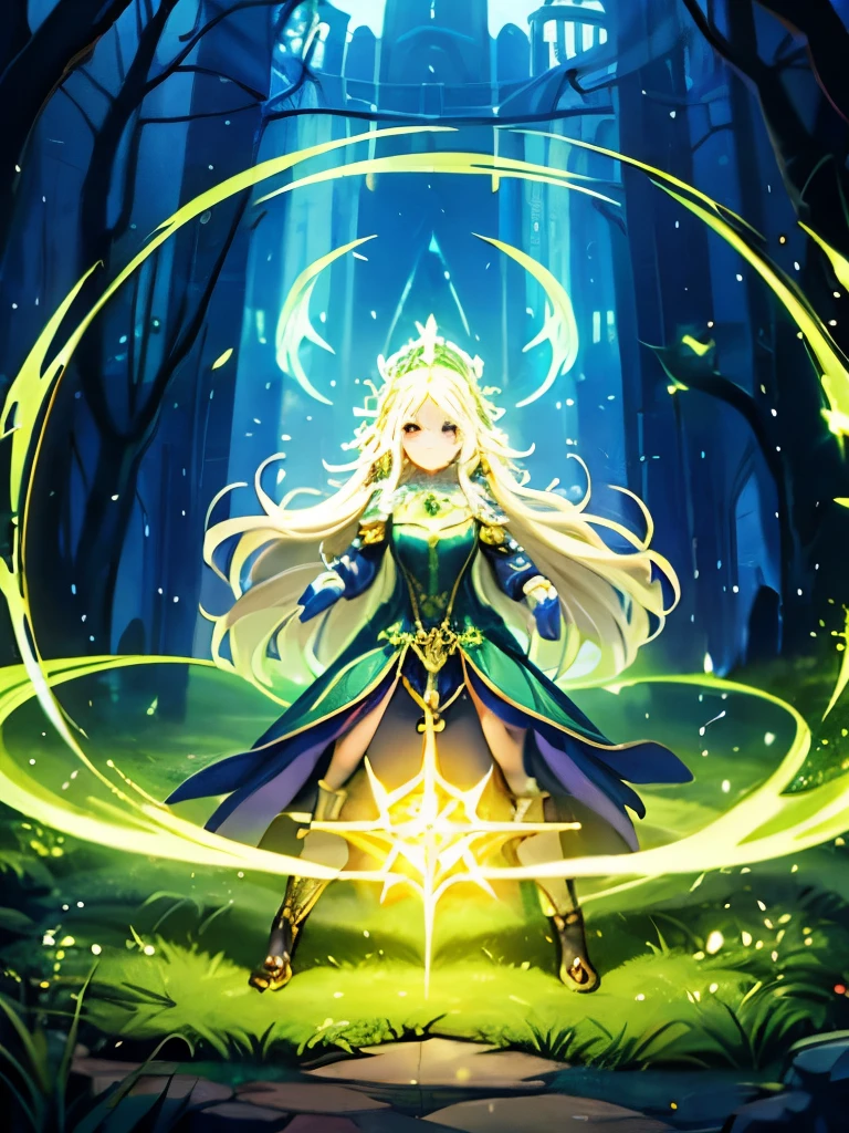 A powerful spell that creates a magical protective barrier., A woman who uses green magic to summon a magical shield is perfect for a fantasy world..