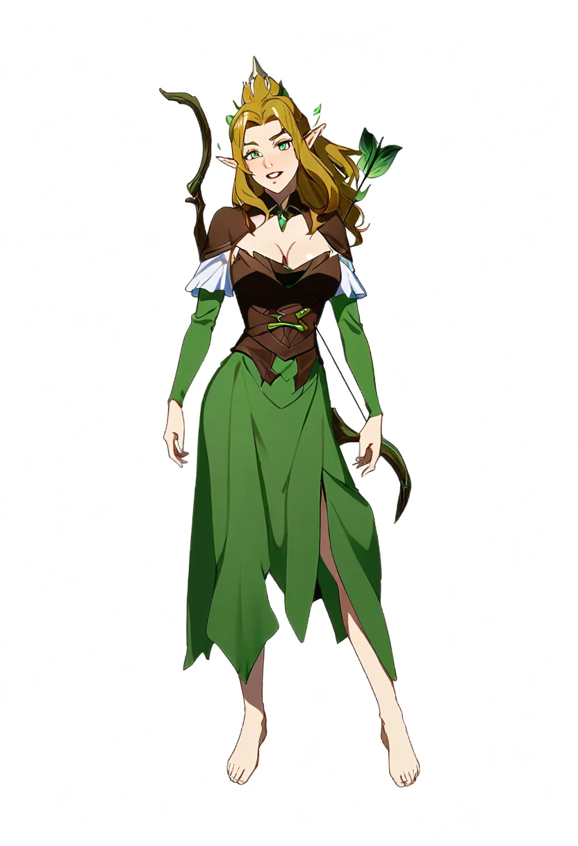 a cartoon image of a woman dressed in green holding a bow and arrow, female forest archer, female elfling, female elf, elf girl, (((mad))) elf princess, wood elf, fantasy d&d character, elf queen nissa genesis mage, elf princess, elf princess knight, fey, alluring elf princess knight, female earth mage