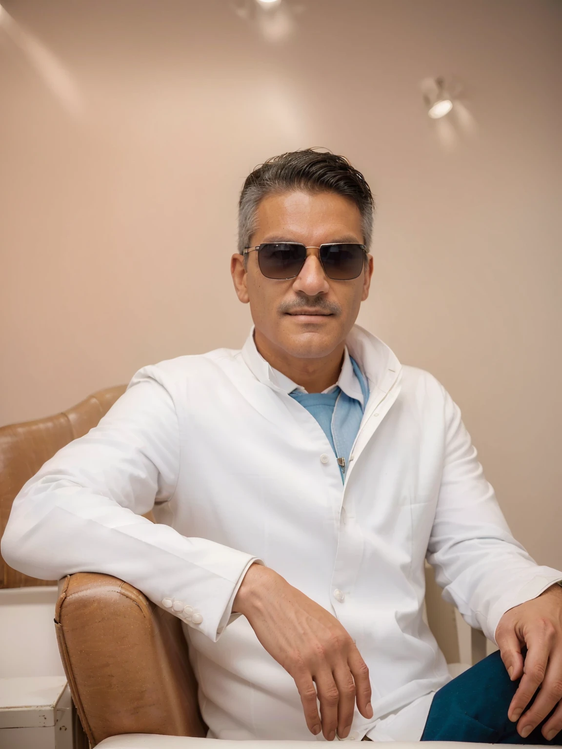 chiseled man in white coat and sunglasses, seated in a chair, ricardo milos, rise of henry, danilo torres, by Hugo Sánchez Bonilla, Herald Ortega, david rios ferreira, to be returned, dentist, by Gabriel Ba, luiz escanuela, Ignacio Fernández Rios, Ignacio Fernández Rios, (Foto RAW, real, best qualityer, Masterpiece artwork: 1.2), (Hiper realisitic, realisitic: 1.2), high qualiy, (dark ilumination: 1.2), perfect lighting, Lightroom, 35mm films, cinemactic, dimmed colors, dark shot, Muted colours, grainy film, lute, insane details, Intricate details, smirk on face, brighter environment