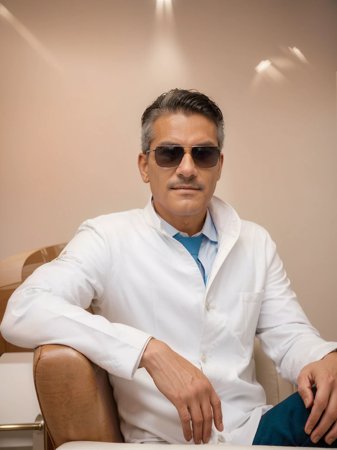 chiseled man in white coat and sunglasses, seated in a chair, ricardo milos, rise of henry, danilo torres, by Hugo Sánchez Bonilla, Herald Ortega, david rios ferreira, to be returned, dentist, by Gabriel Ba, luiz escanuela, Ignacio Fernández Rios, Ignacio Fernández Rios, (Foto RAW, real, best qualityer, Masterpiece artwork: 1.2), (Hiper realisitic, realisitic: 1.2), high qualiy, (dark ilumination: 1.2), perfect lighting, Lightroom, 35mm films, cinemactic, dimmed colors, dark shot, Muted colours, grainy film, lute, insane details, Intricate details, smirk on face, brighter environment