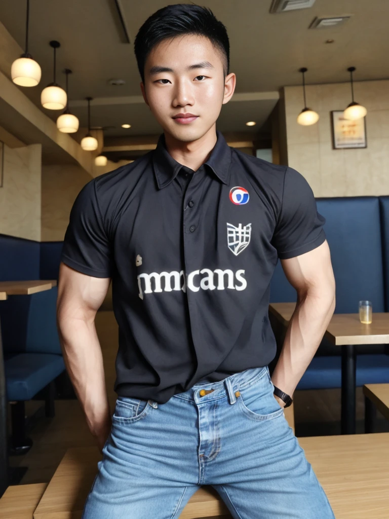((realistic daylight)) , Young Korean man in black sports shirt only, no pattern, denim shirt, jeans., A handsome, muscular young Asian man looks at the camera.  , in the restaurant ,turn sideways