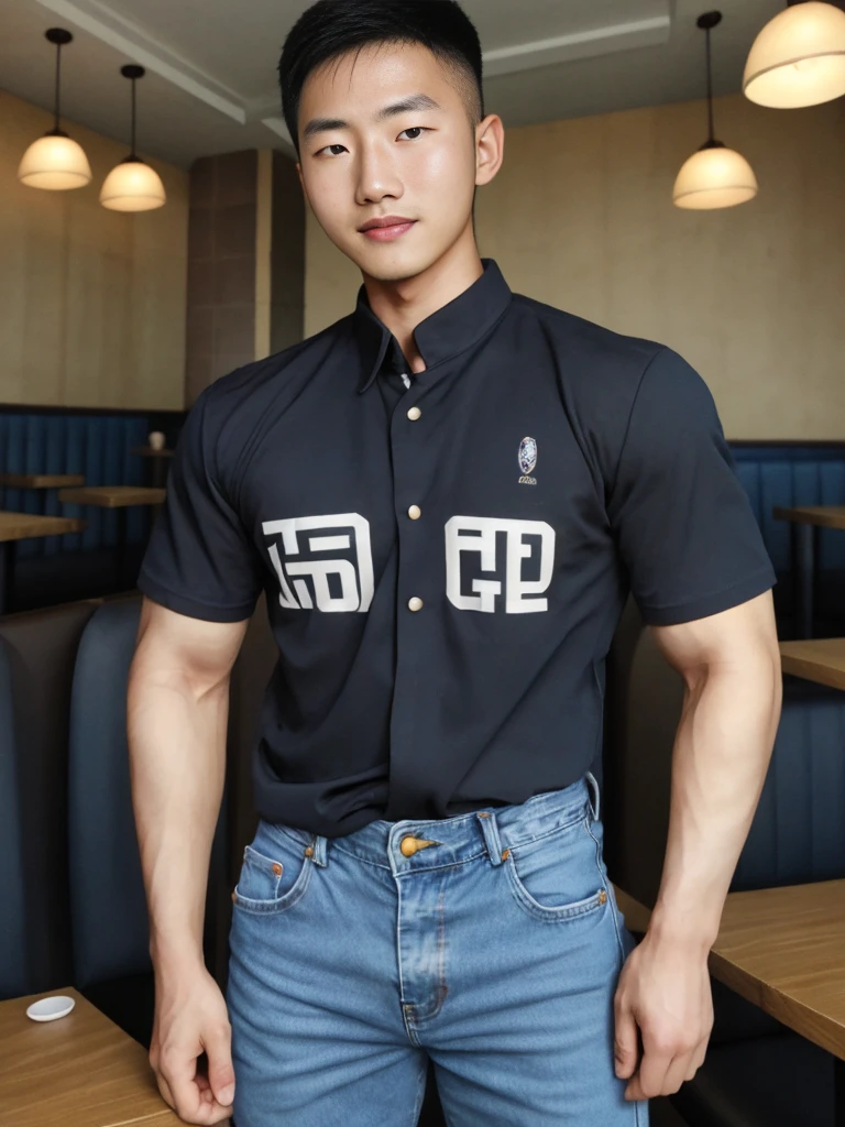 ((realistic daylight)) , Young Korean man in black sports shirt only, no pattern, denim shirt, jeans., A handsome, muscular young Asian man looks at the camera. , in the restaurant ,turn sideways