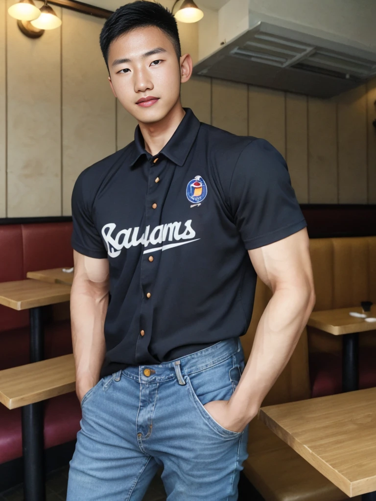 ((realistic daylight)) , Young Korean man in black sports shirt only, no pattern, denim shirt, jeans., A handsome, muscular young Asian man looks at the camera. , in the restaurant ,turn sideways
