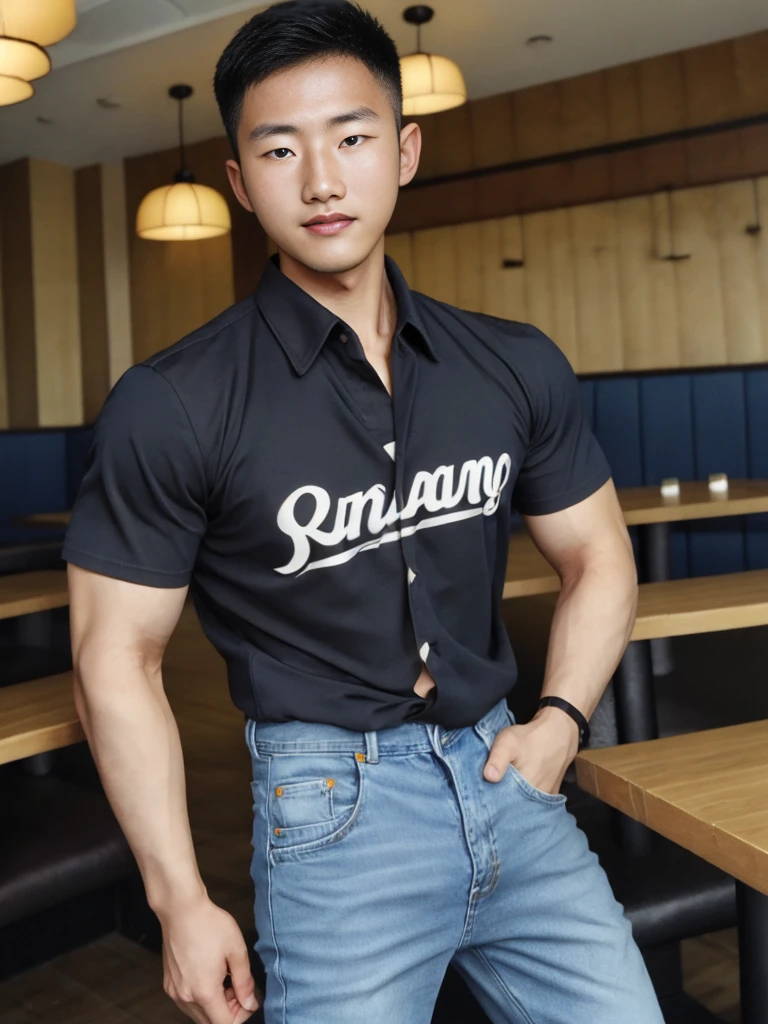 ((realistic daylight)) , Young Korean man in black sports shirt only, no pattern, denim shirt, jeans., A handsome, muscular young Asian man looks at the camera. In a simple t-shirt blue and red , in the restaurant ,turn sideways