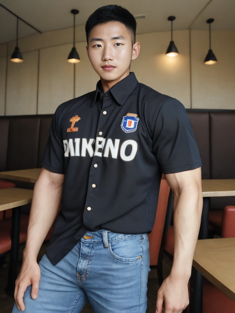 ((realistic daylight)) , Young Korean man in black sports shirt only, no pattern, denim shirt, jeans., A handsome, muscular young Asian man looks at the camera. , in the restaurant ,turn sideways
