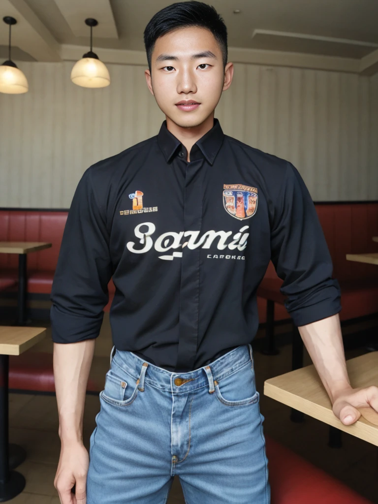((realistic daylight)) , Young Korean man in black sports shirt only, no pattern, denim shirt, jeans., A handsome, muscular young Asian man looks at the camera. , in the restaurant ,turn sideways
